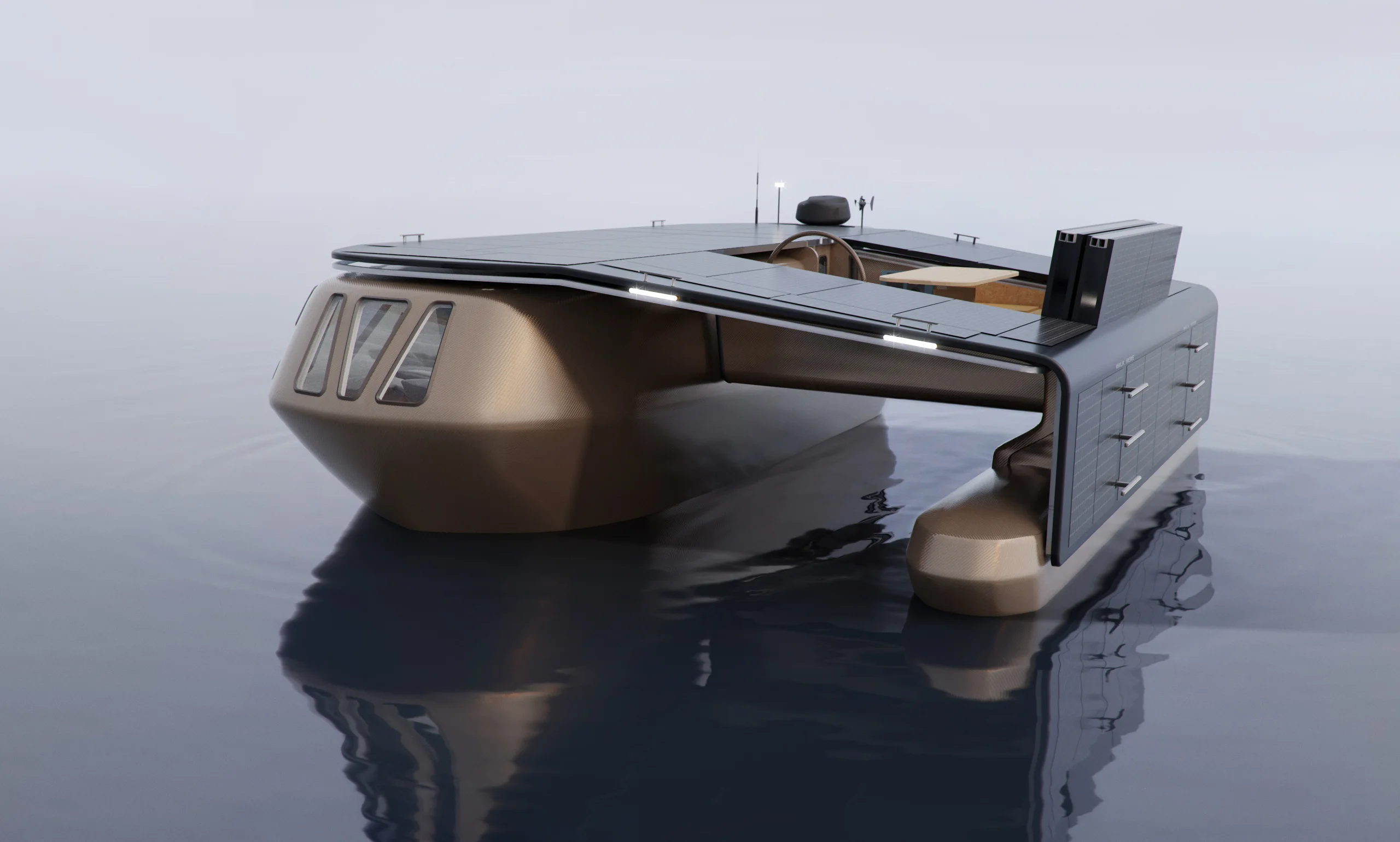 Render of blue nomad outrigger habitat from the front